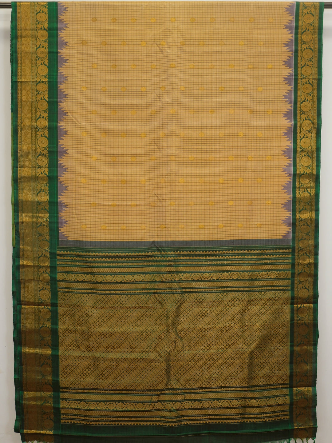 Beige checks silk gadwal saree with temple border