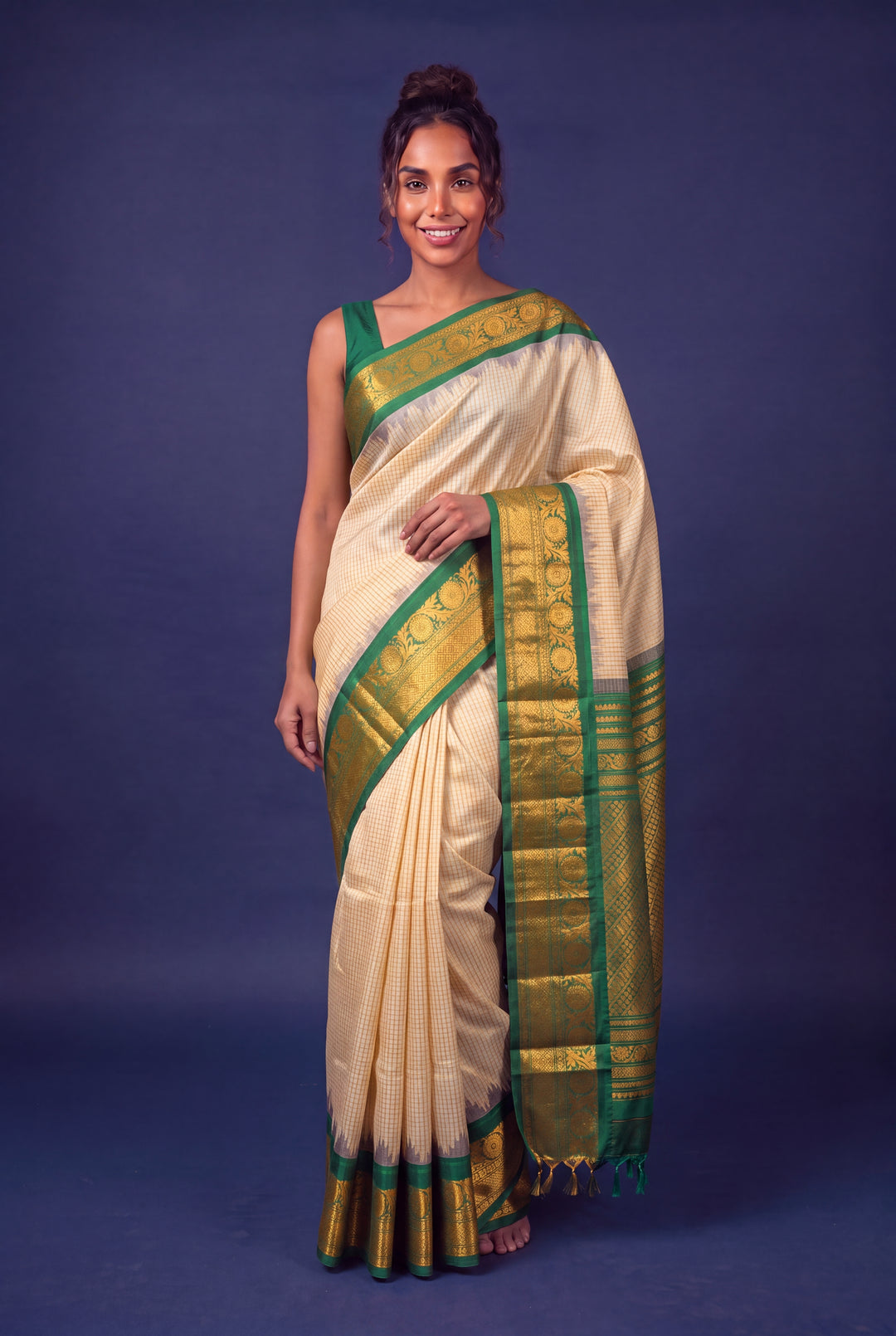 Beige Checks Silk Gadwal Saree with Temple Border
