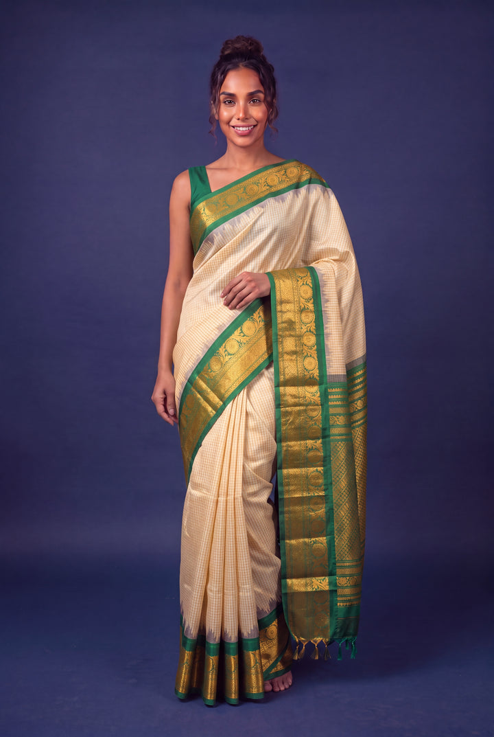 Beige Checks Silk Gadwal Saree with Temple Border