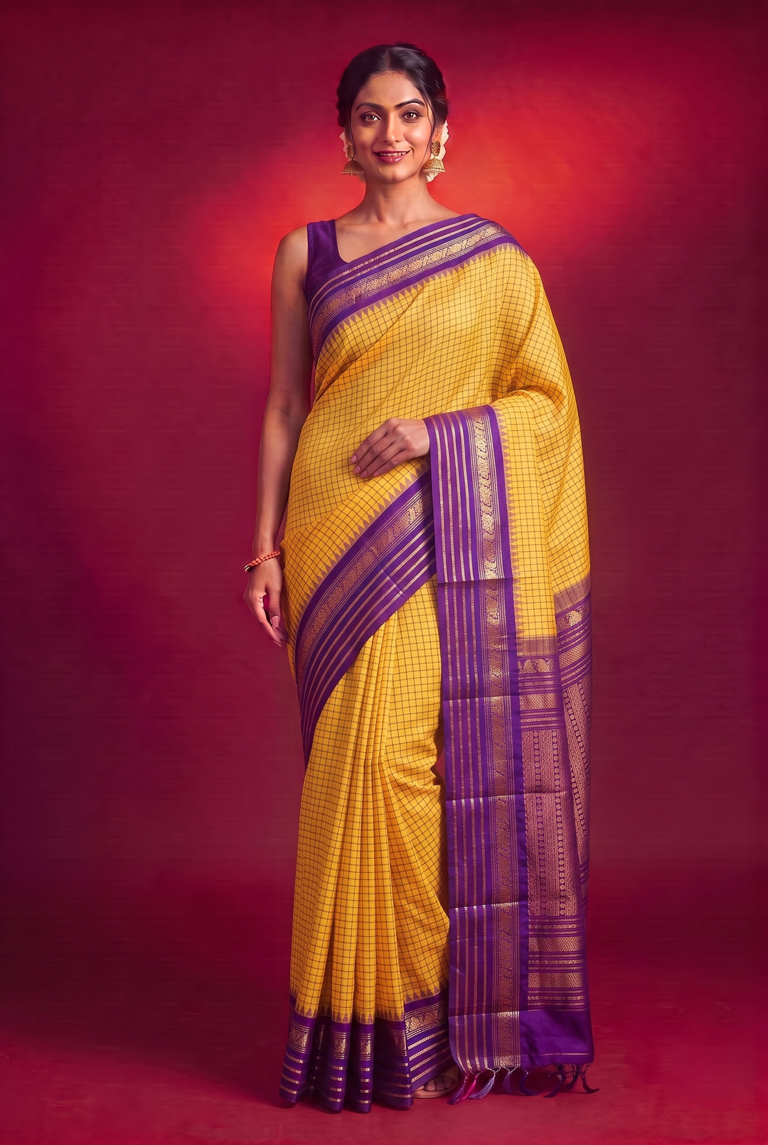 Cream Gadwal Silk Checks Saree