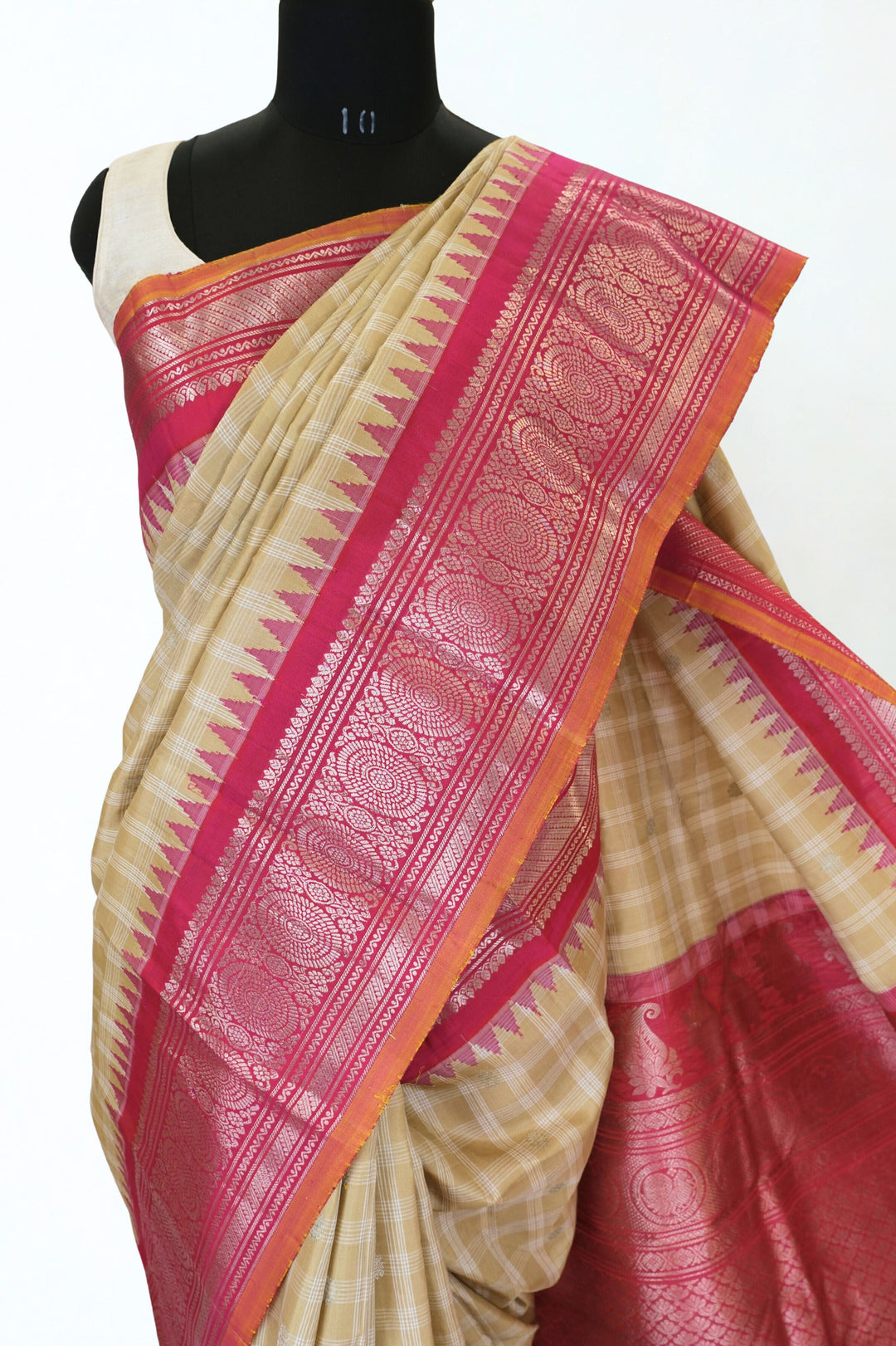 Beige Checks Gadwal Silk Saree with Temple Border