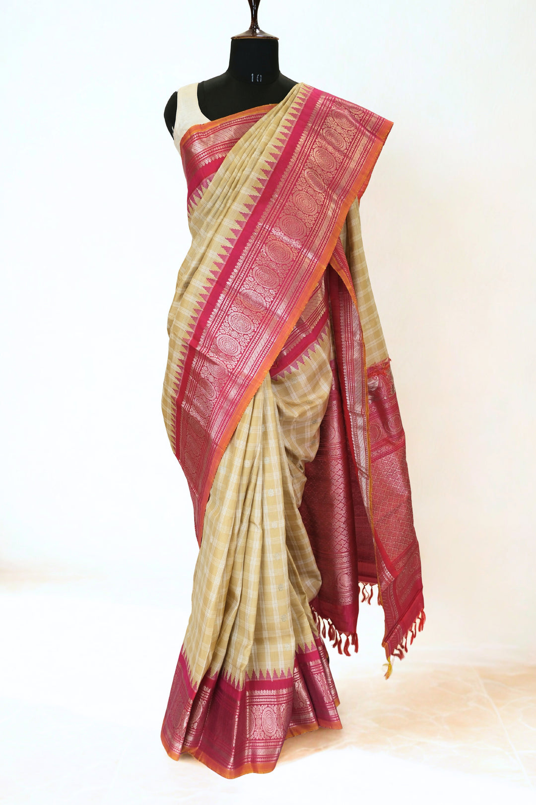 Beige Checks Gadwal Silk Saree with Temple Border
