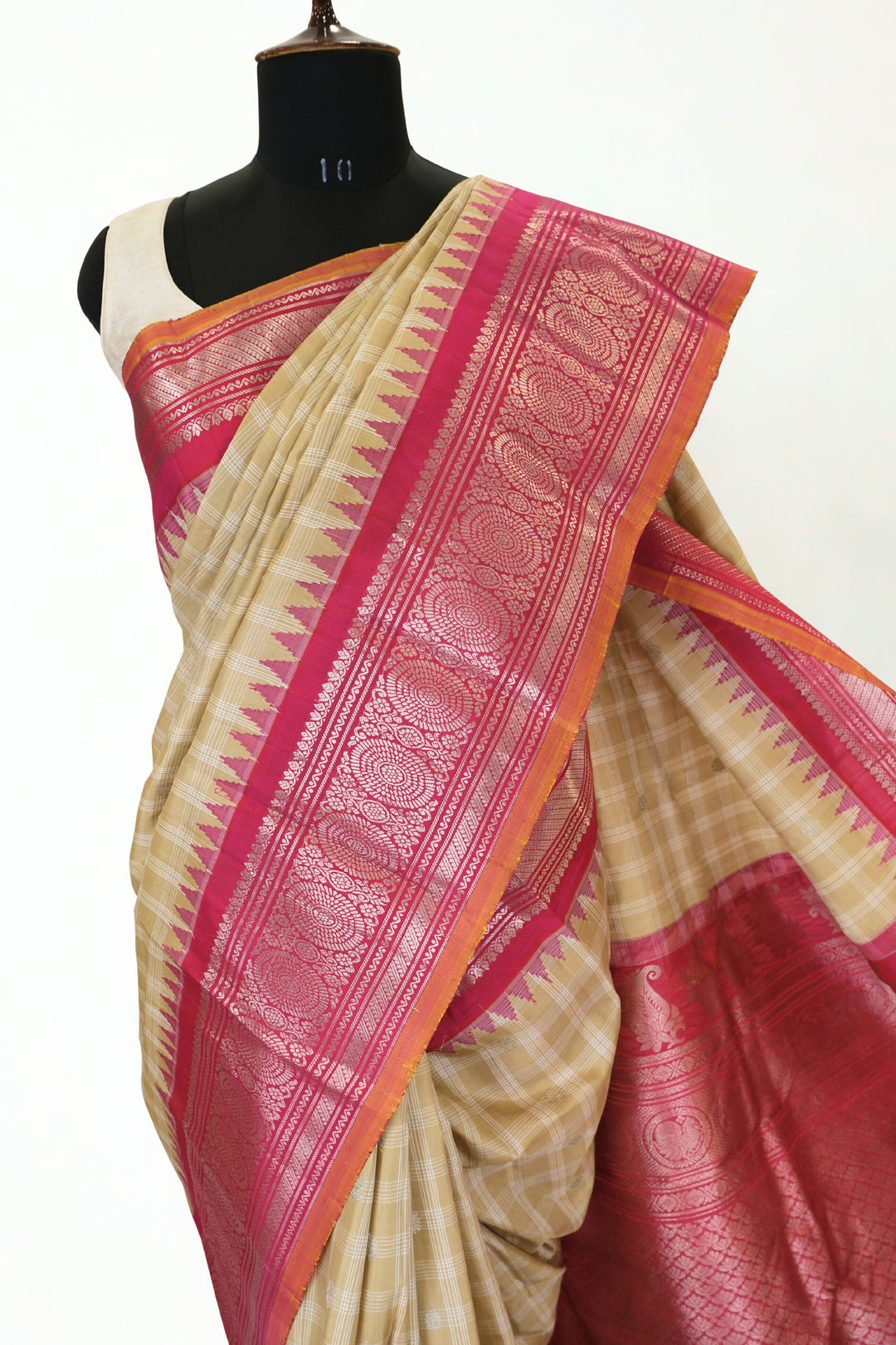 Beige Checks Gadwal Silk Saree with Temple Border