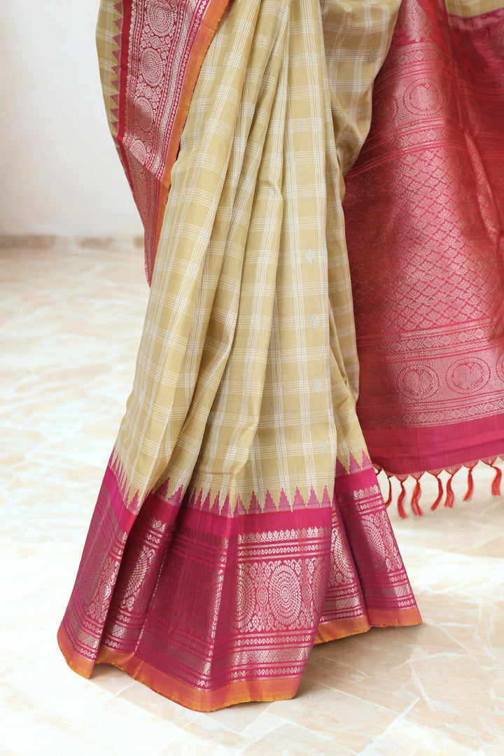 Beige Checks Gadwal Silk Saree with Temple Border