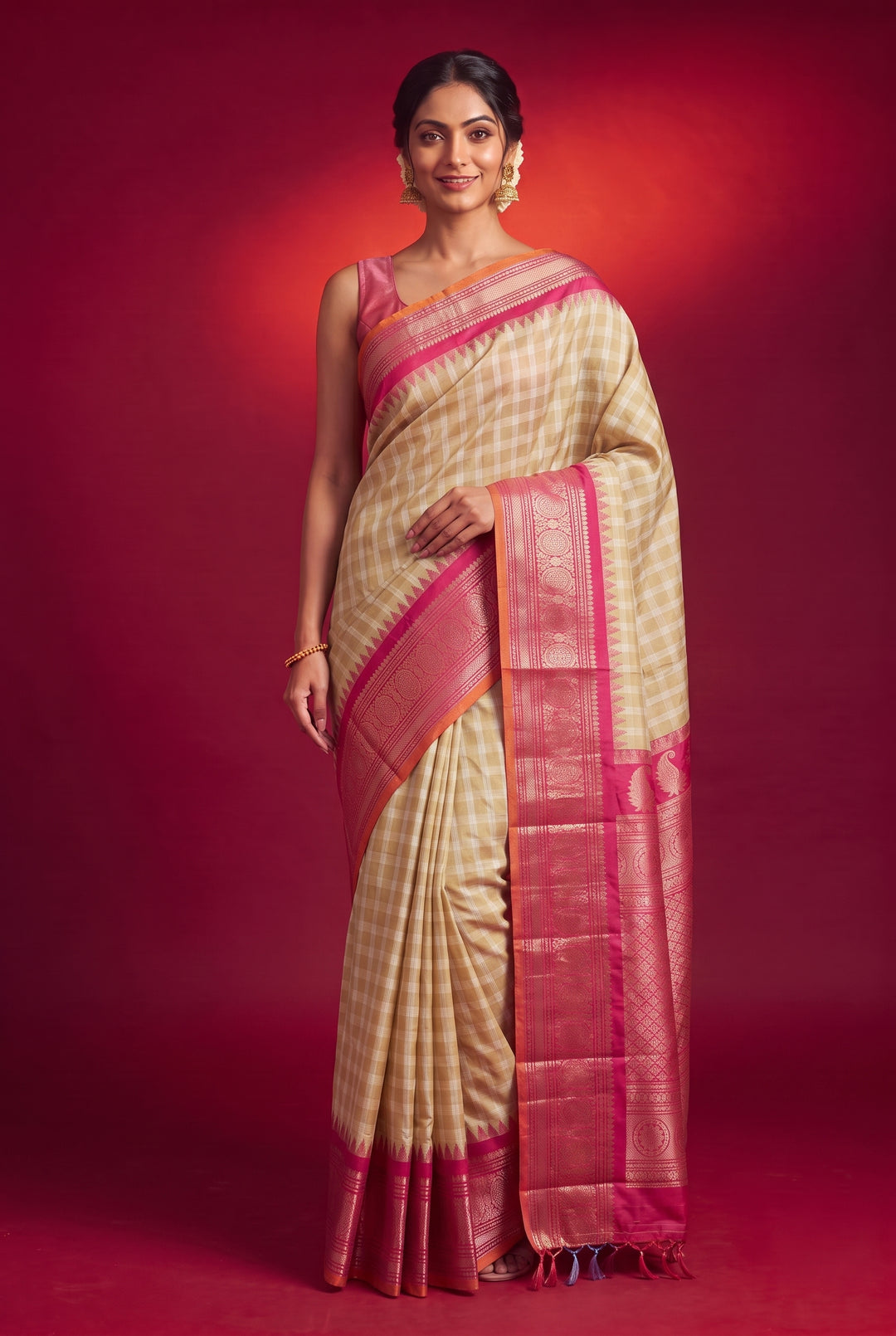 Beige Checks Gadwal Silk Saree with Temple Border