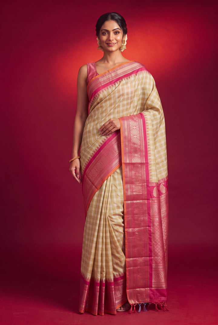 Beige Checks Gadwal Silk Saree with Temple Border