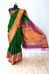 Bottle Green Silk Gadwal Saree with Gold Zari Border