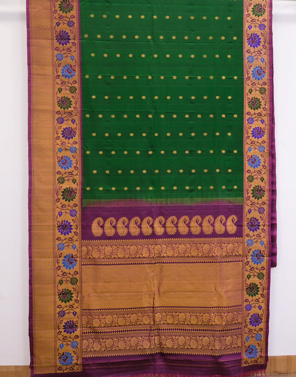 Bottle Green Silk Gadwal Saree with Gold Zari Border