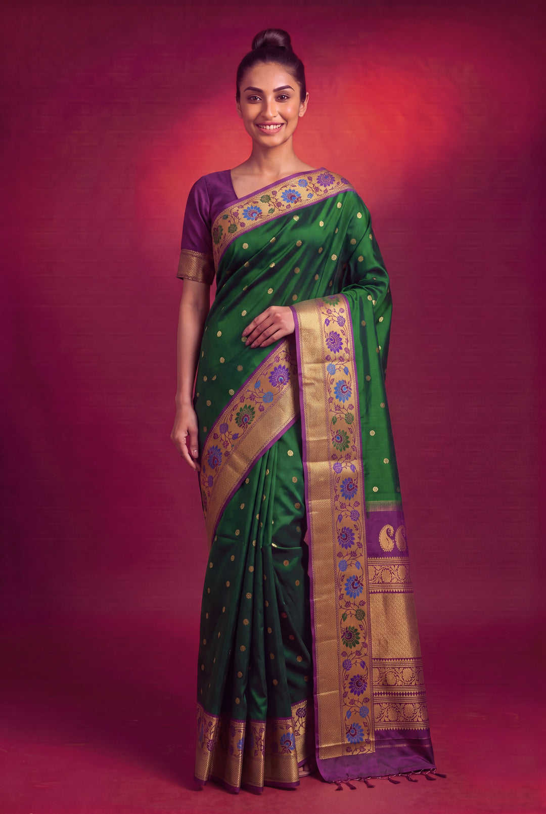 Bottle Green Silk Gadwal Saree with Gold Zari Border