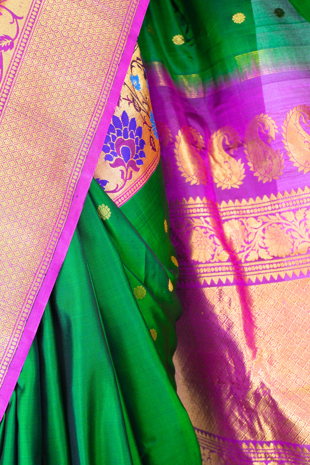 Bottle green silk gadwal saree with gold zari border