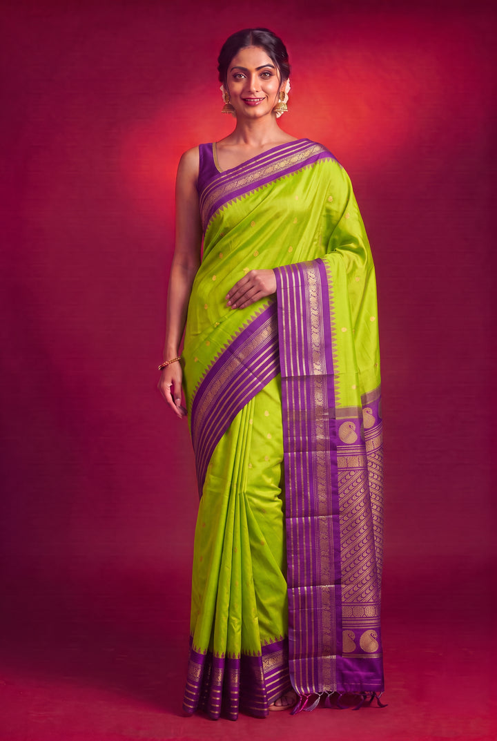 Parrot Green Silk Gadwal Saree
