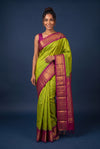 Parrot Green Gadwal Silk Saree with Temple Border