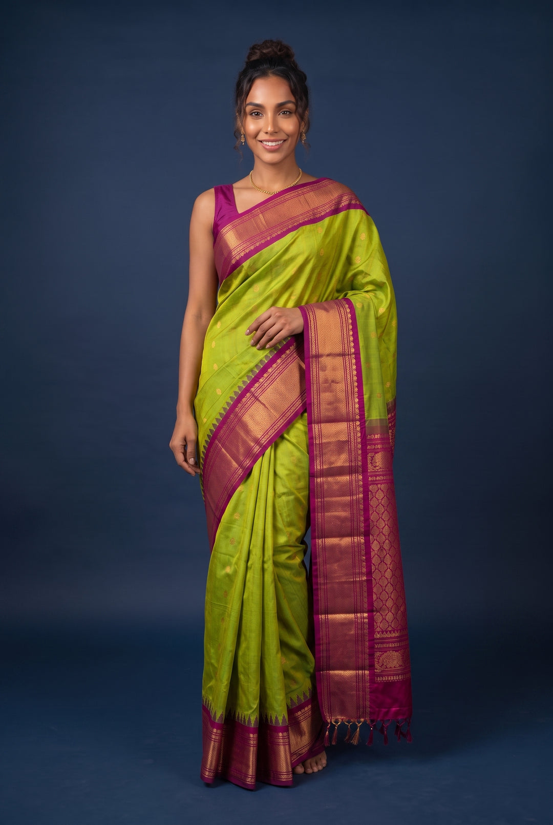 Parrot Green Gadwal Silk Saree with Temple Border