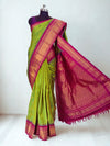 Parrot Green Gadwal Silk Saree with Temple Border