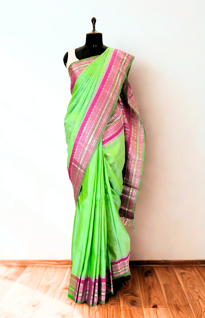 Parrot green silk gadwal saree