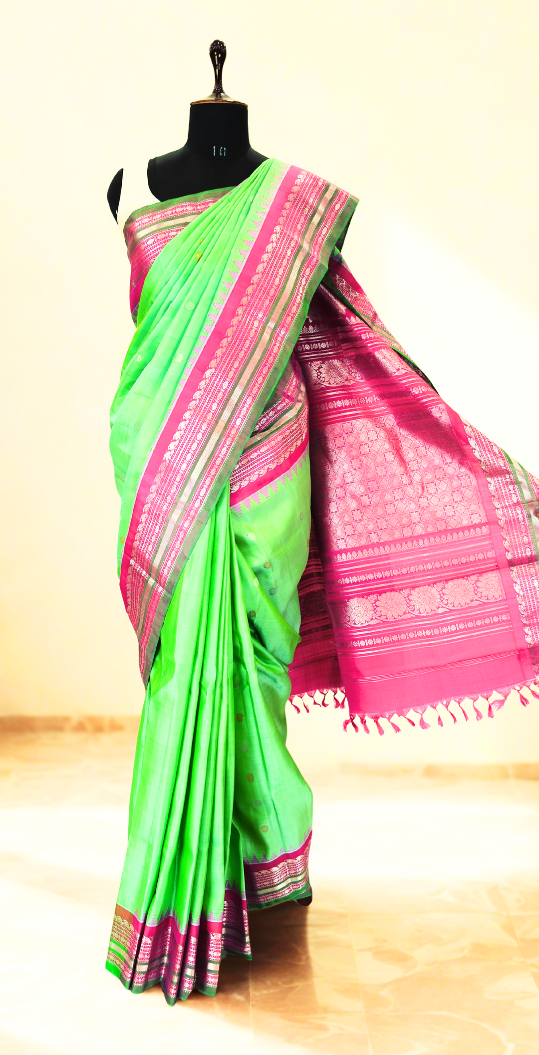 Parrot green silk gadwal saree