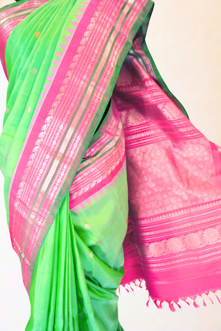 Parrot green silk gadwal saree