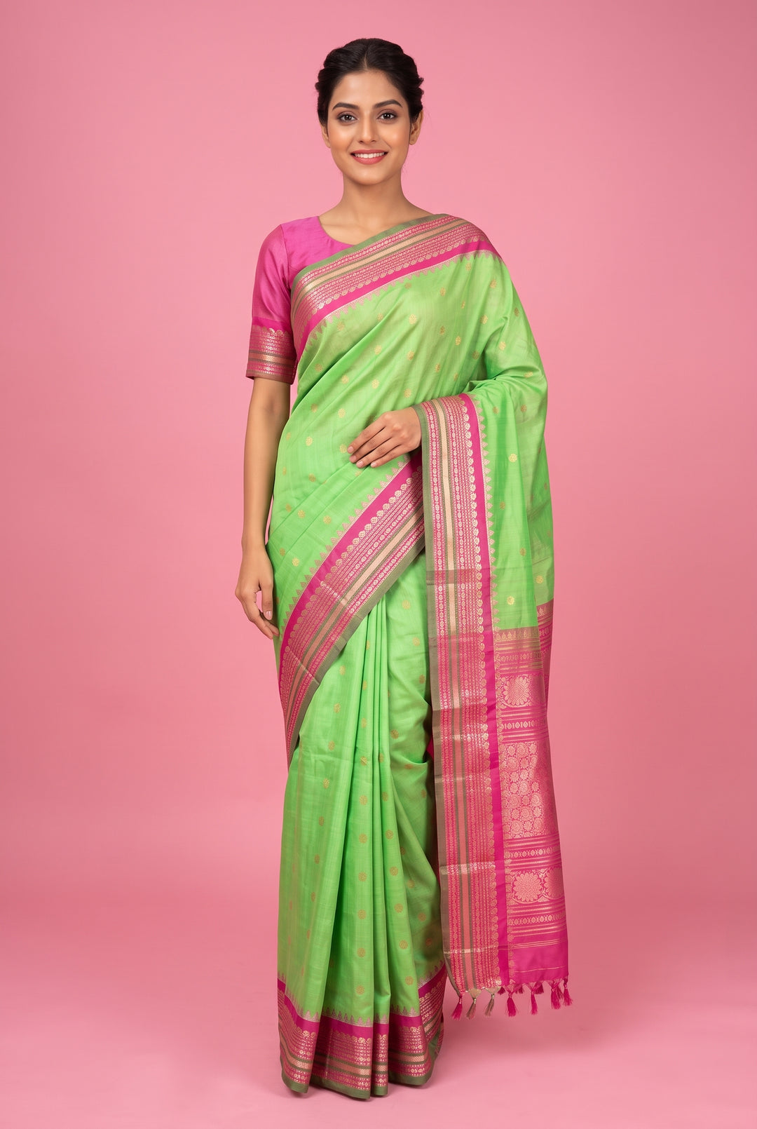 Parrot Green Silk Gadwal Saree