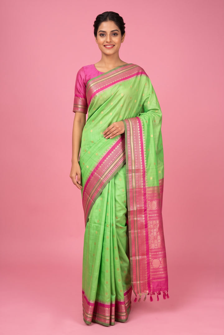 Parrot Green Silk Gadwal Saree