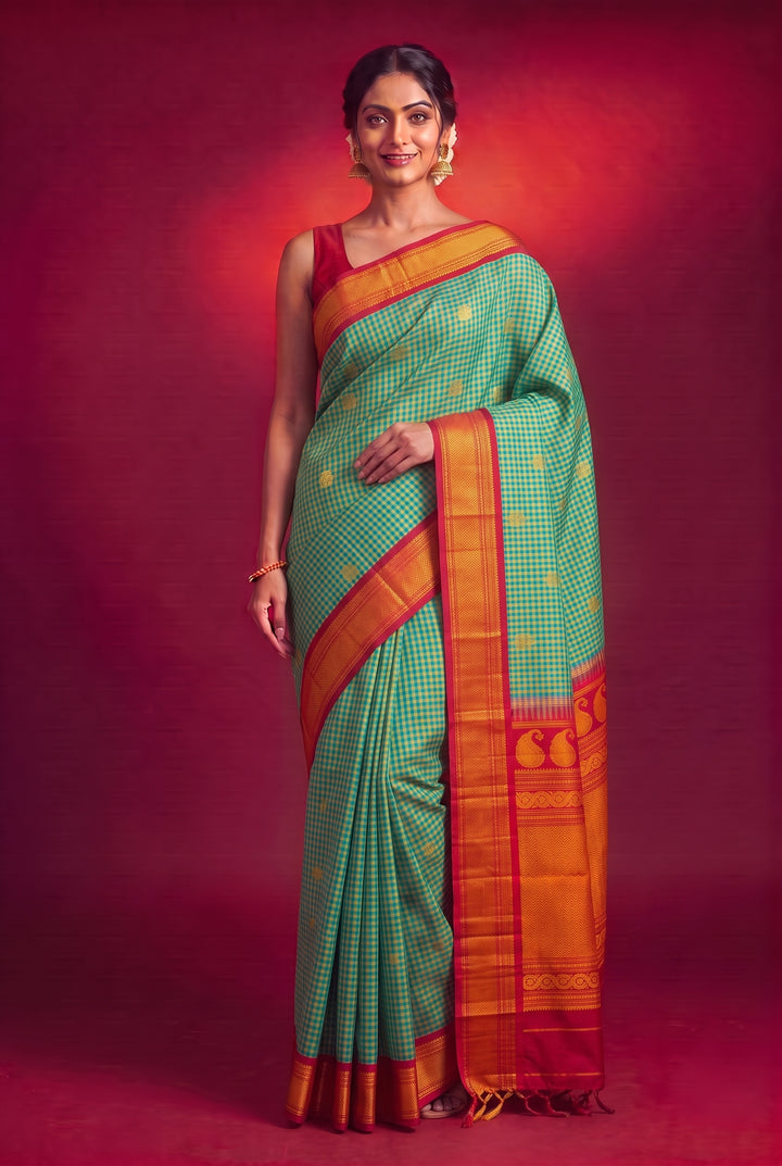Beige and sea green checks silk gadwal saree