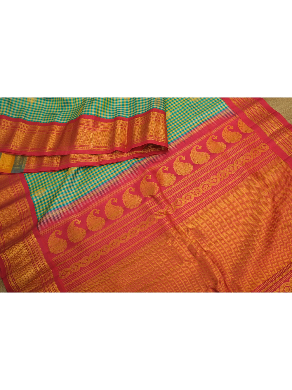 Beige and Sea Green Gadwal Saree Online
