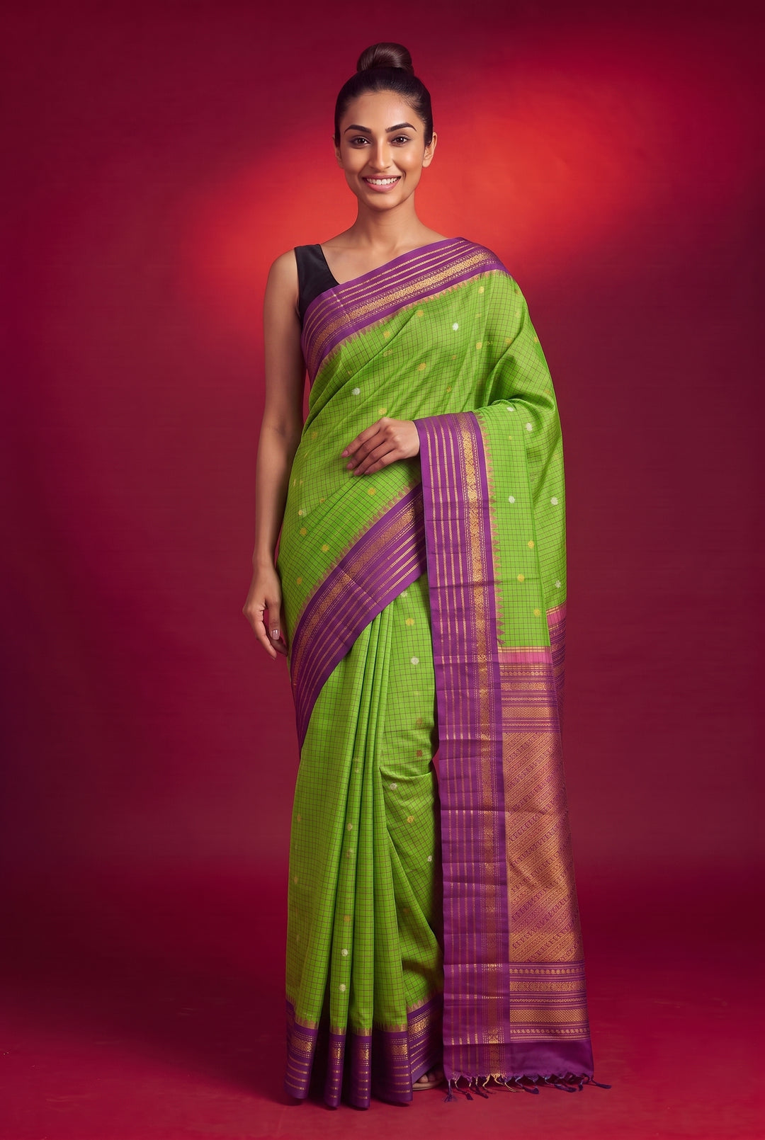 Parrot Green Checks Silk Gadwal Saree