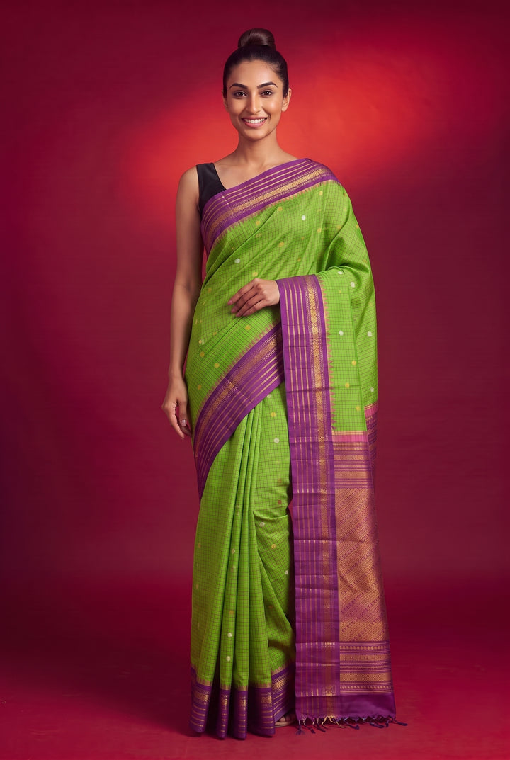 Parrot Green Checks Silk Gadwal Saree