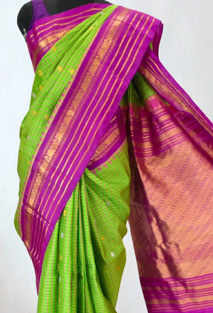 Parrot green checks silk gadwal saree
