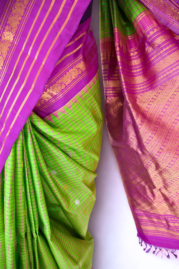 Parrot green checks silk gadwal saree