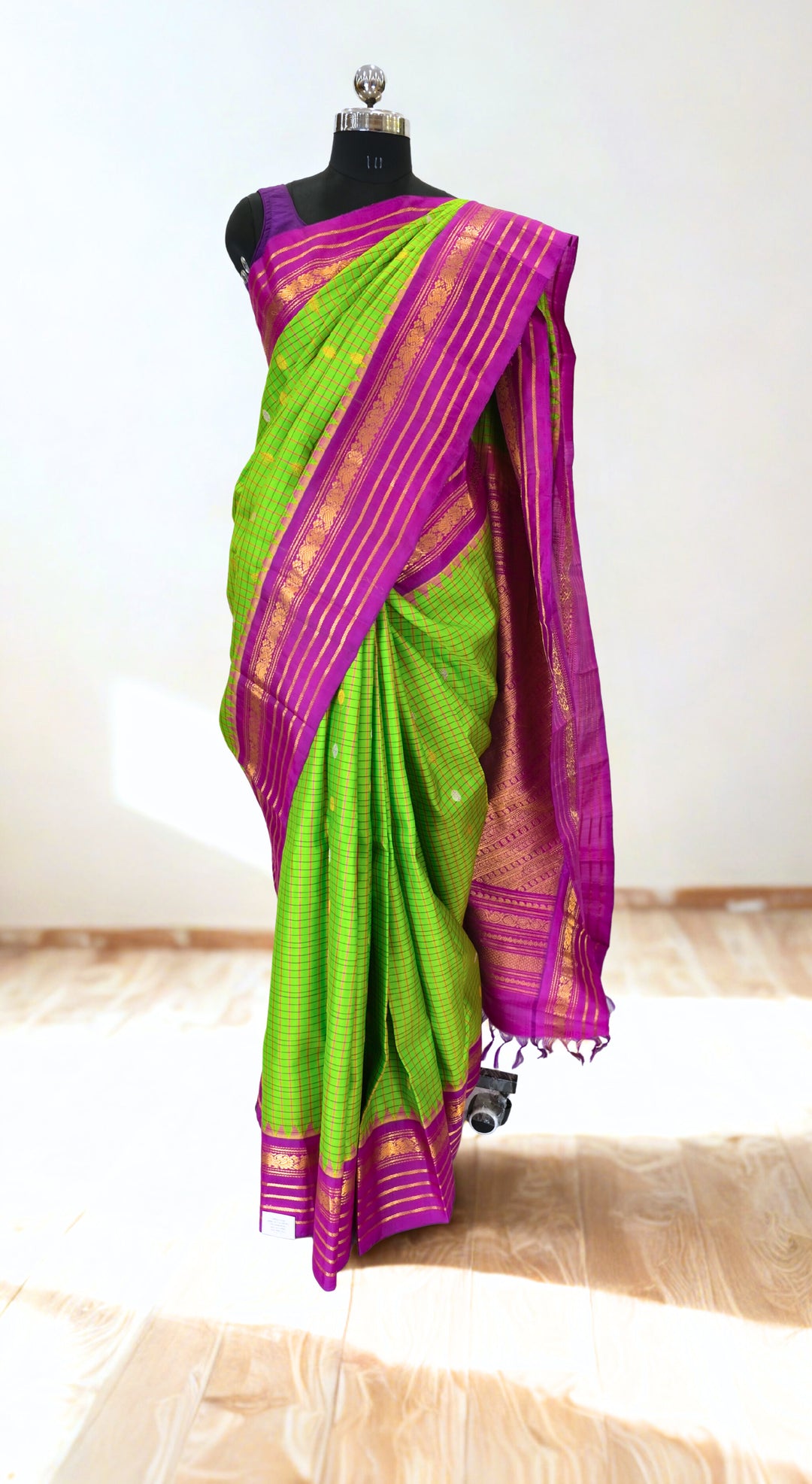 Parrot green checks silk gadwal saree