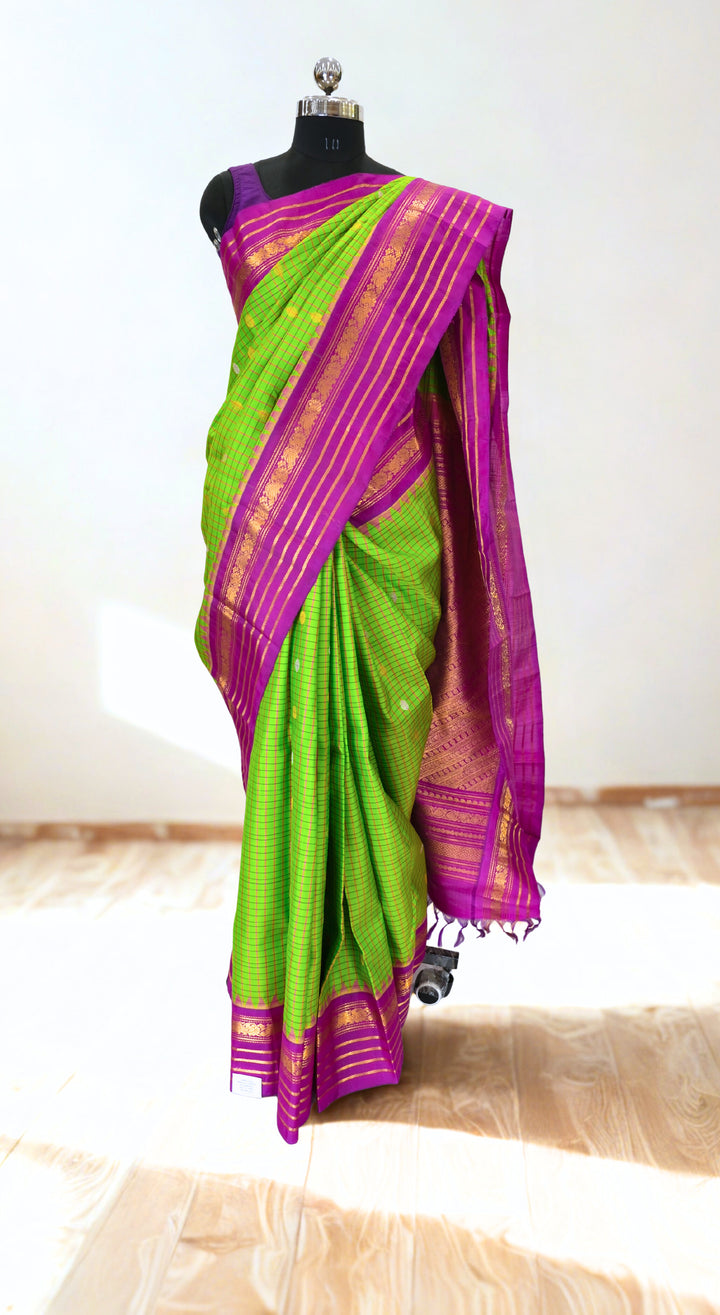 Parrot green checks silk gadwal saree