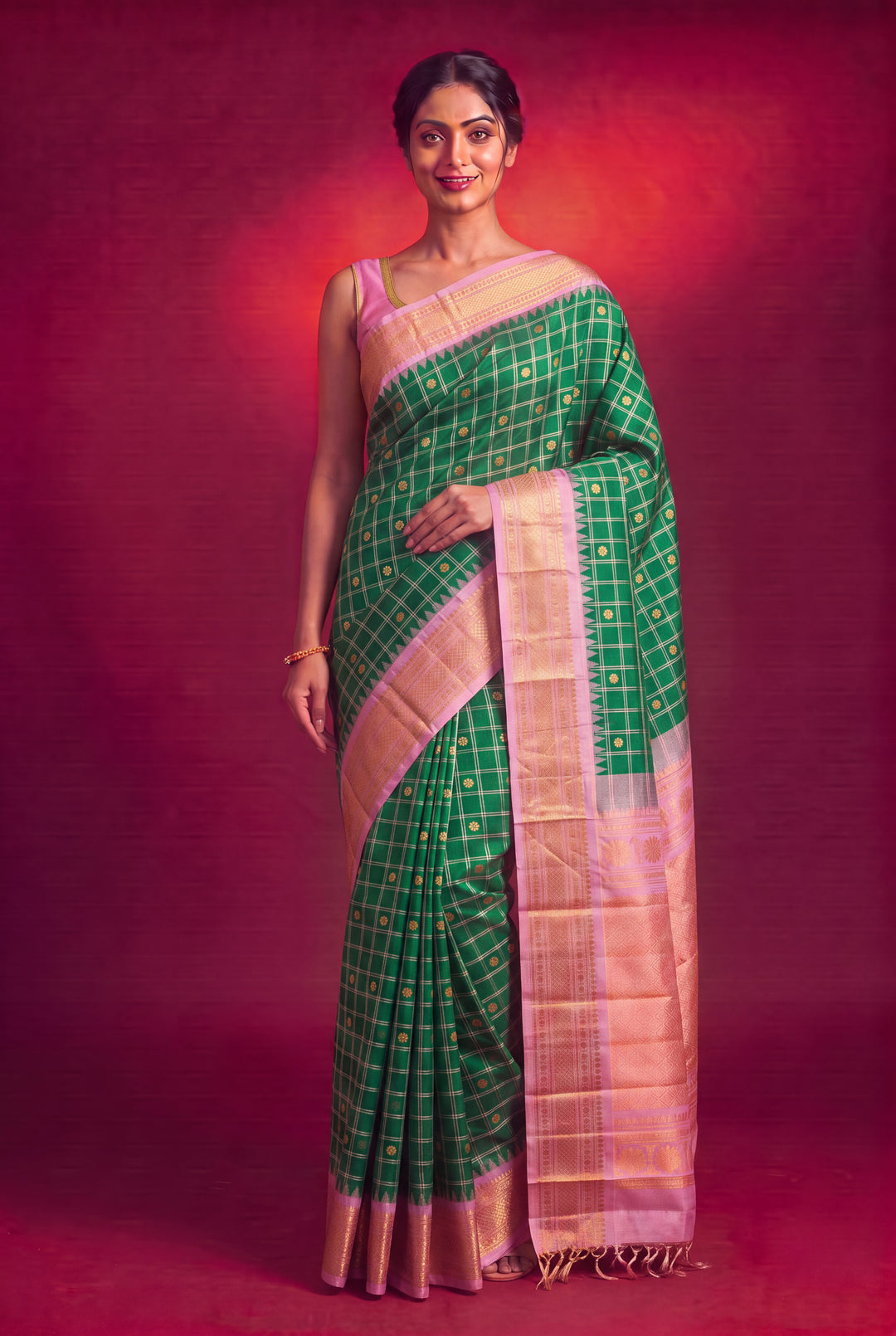 Bottle Green Checks Gadwal Silk Saree