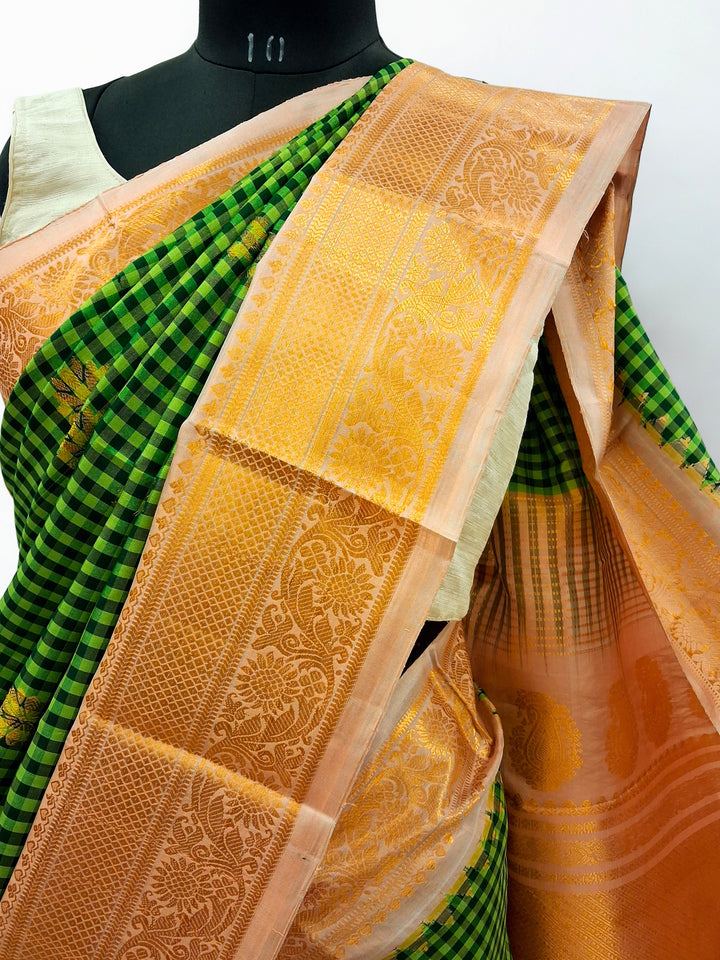 Bottle green and yellow checks silk gadwal saree