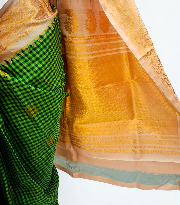 Bottle green and yellow checks silk gadwal saree