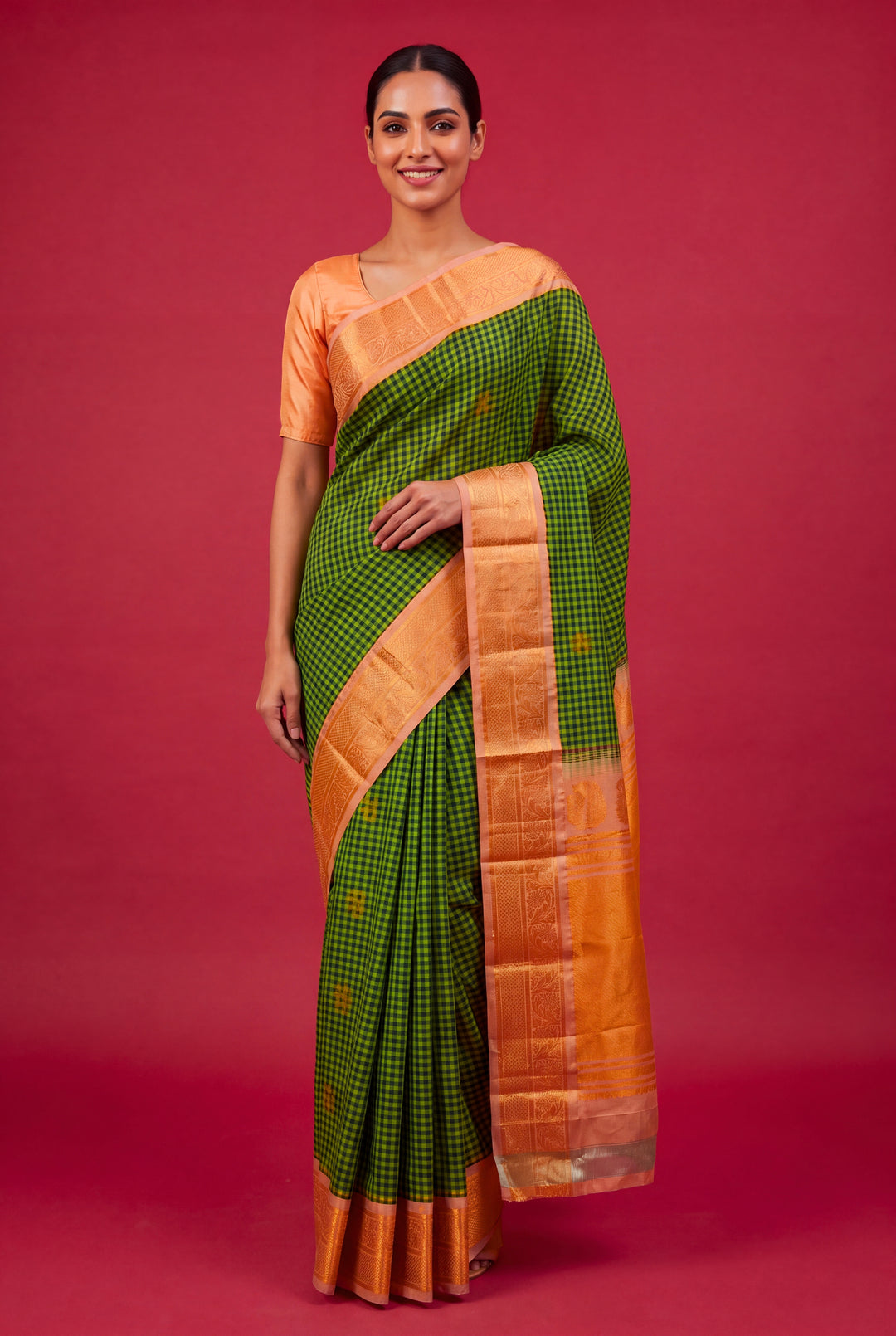 Bottle Green and Yellow Checks Gadwal Saree