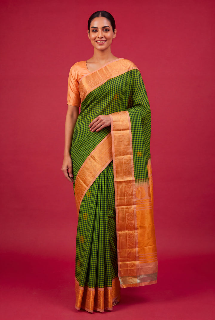 Bottle Green and Yellow Checks Gadwal Saree