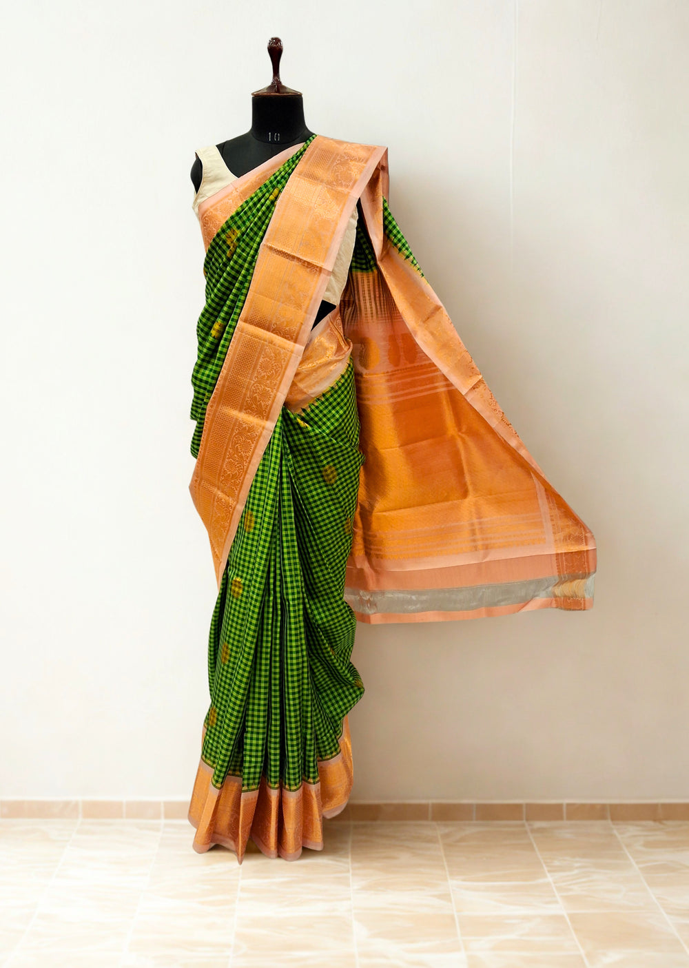 Bottle Green and Yellow Checks Gadwal Saree