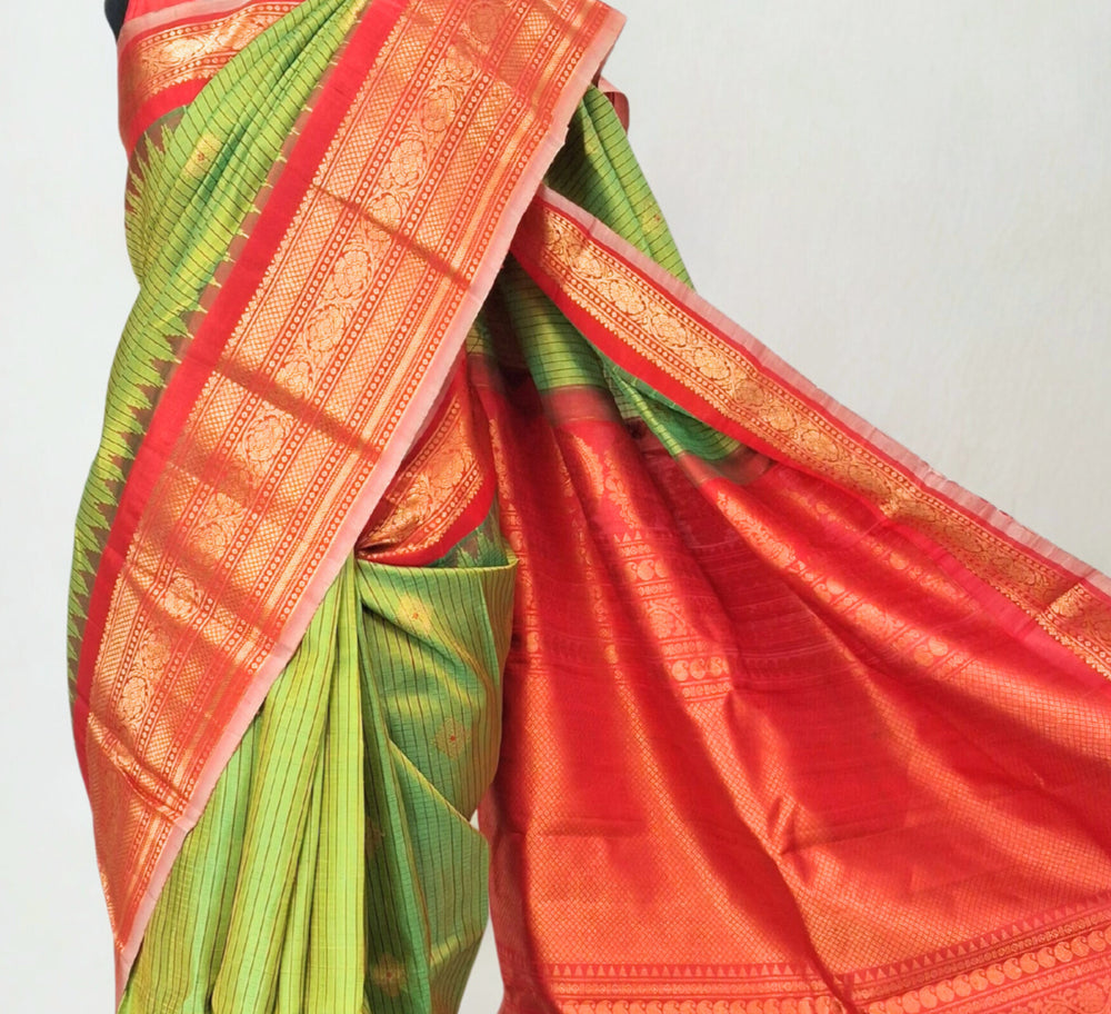 Olive Green Pure Silk Gadwal Saree