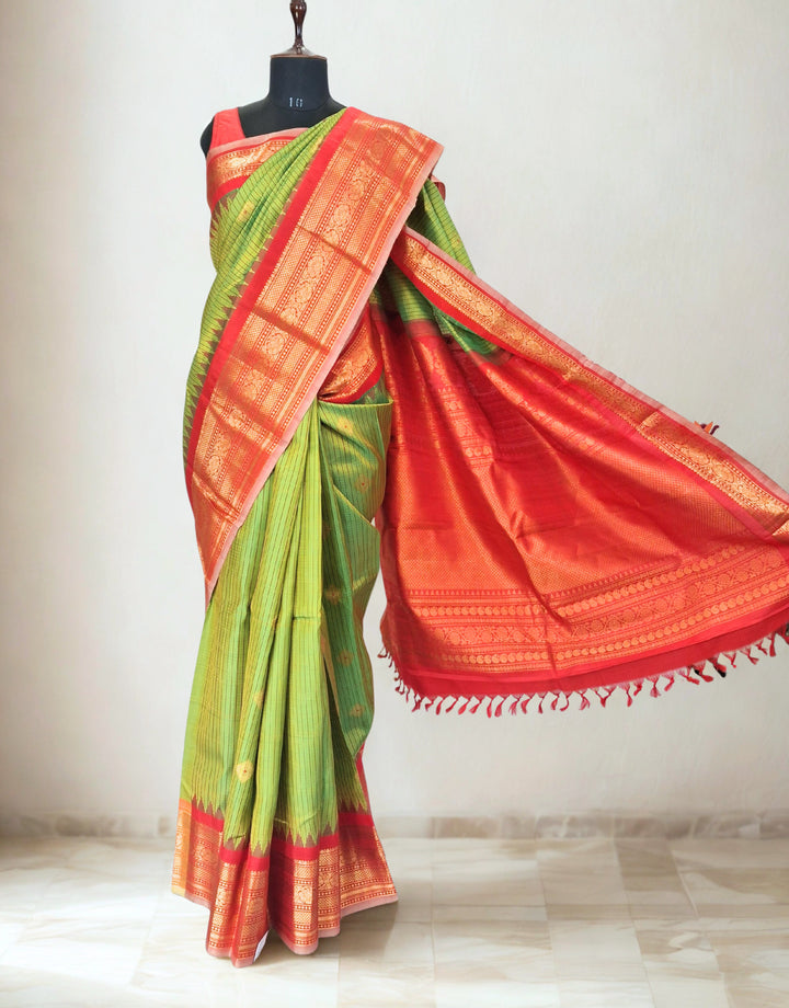 Olive Green Pure Silk Gadwal Saree