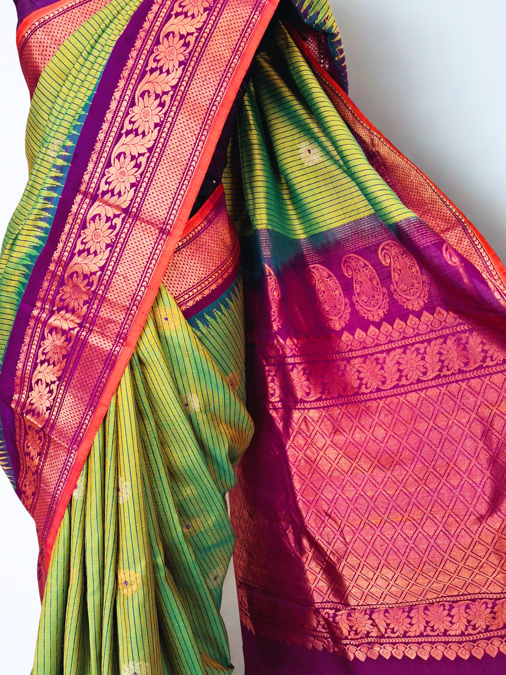 Olive Green Gadwal Saree with Gold Zai Border