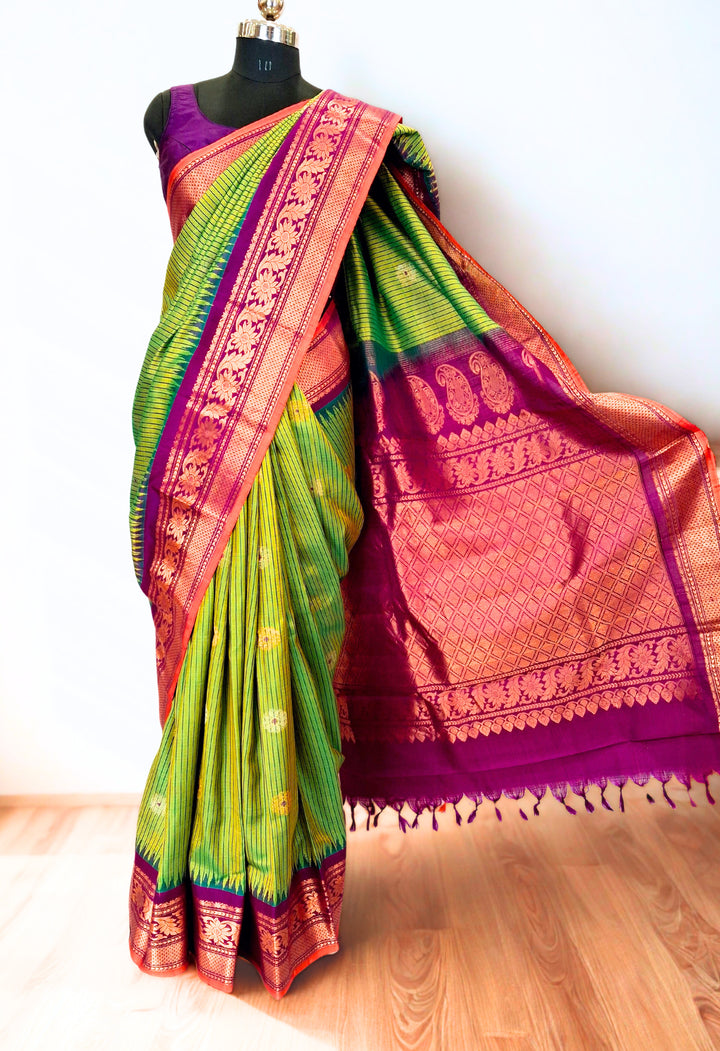 Olive Green Gadwal Saree with Gold Zai Border