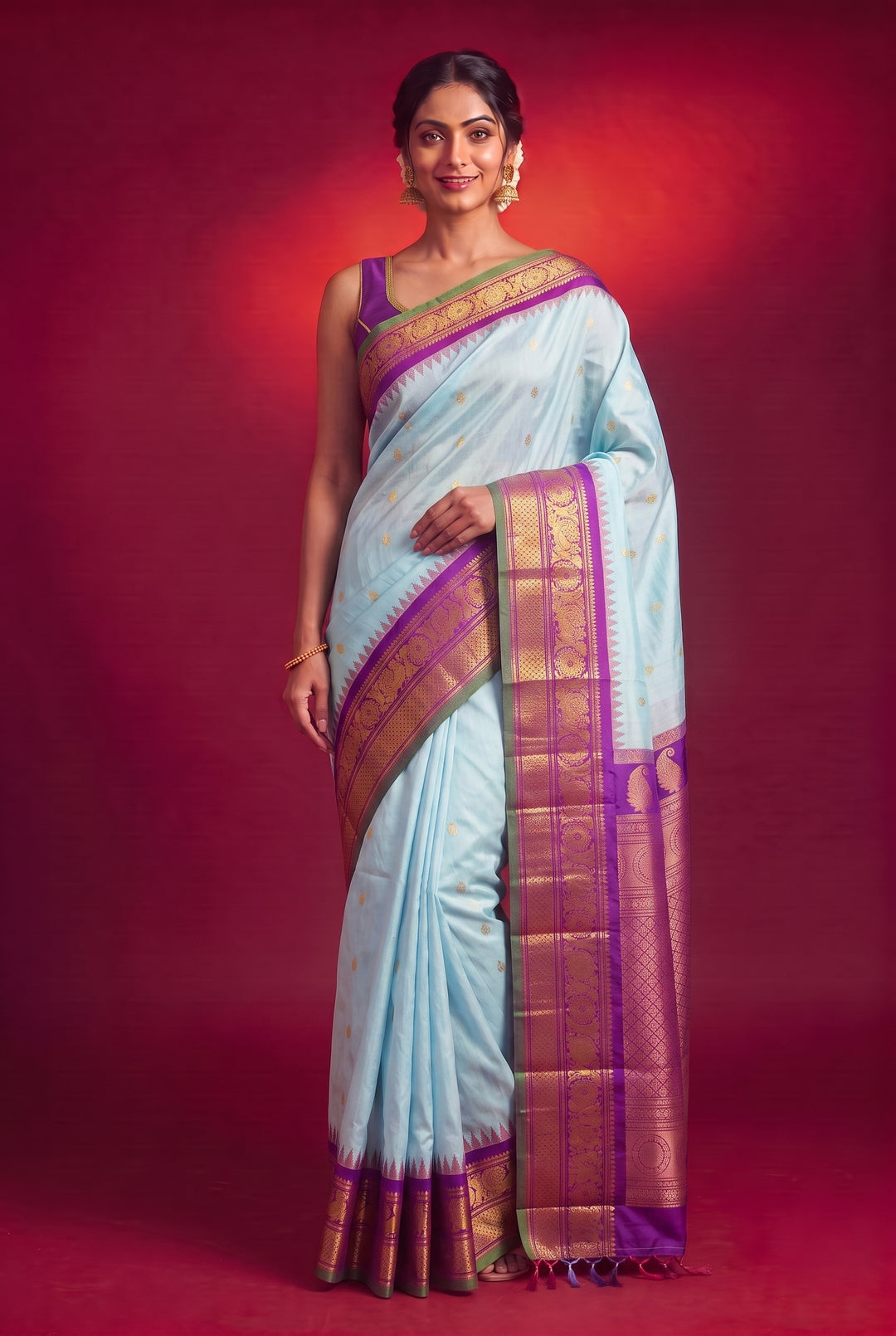 Powder Blue Silk Gadwal Saree