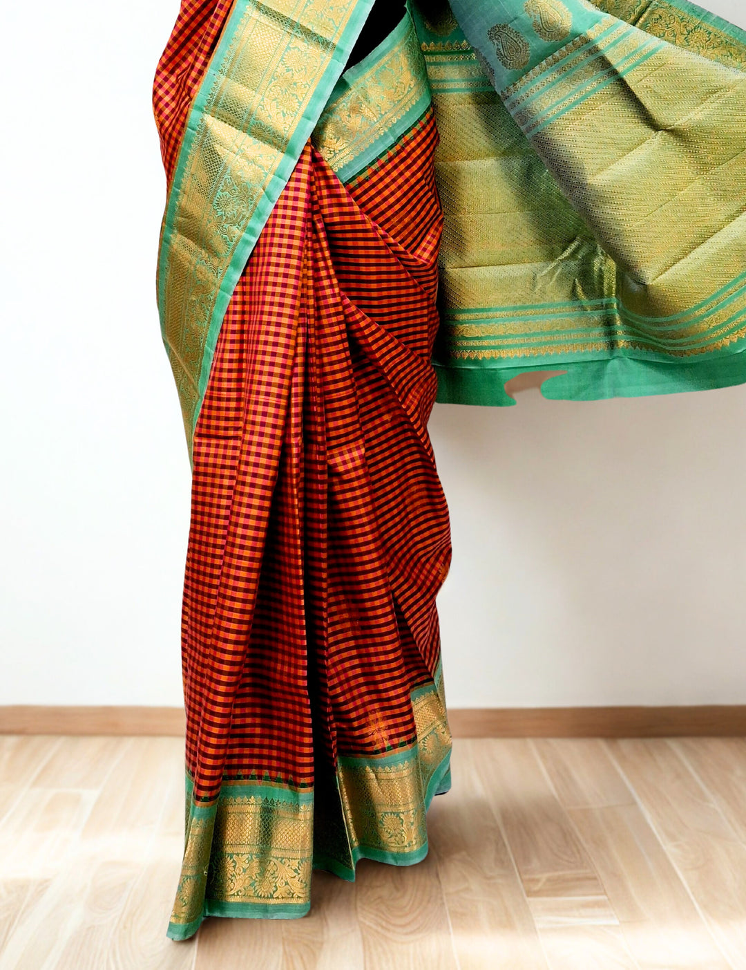 Orange checks gadwal silk saree