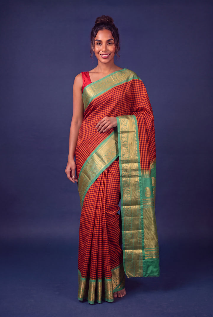 Orange Checks Gadwal Saree Online