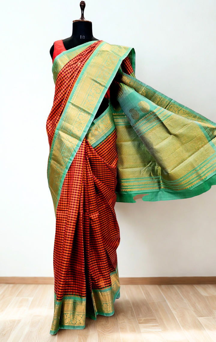 Orange checks gadwal silk saree