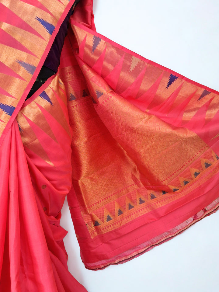 Peach pink temple border silk gadwal saree