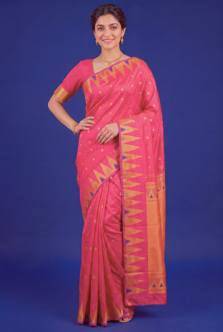 Peach Pink Silk Gadwal with Temple Border