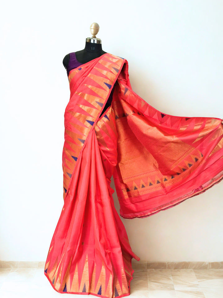 Peach pink temple border silk gadwal saree