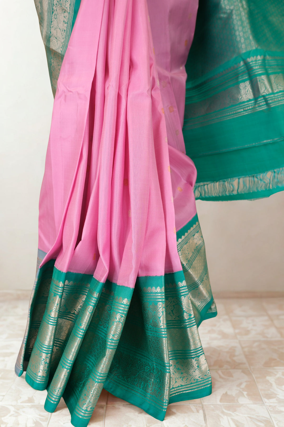 Baby pink silk gadwal saree