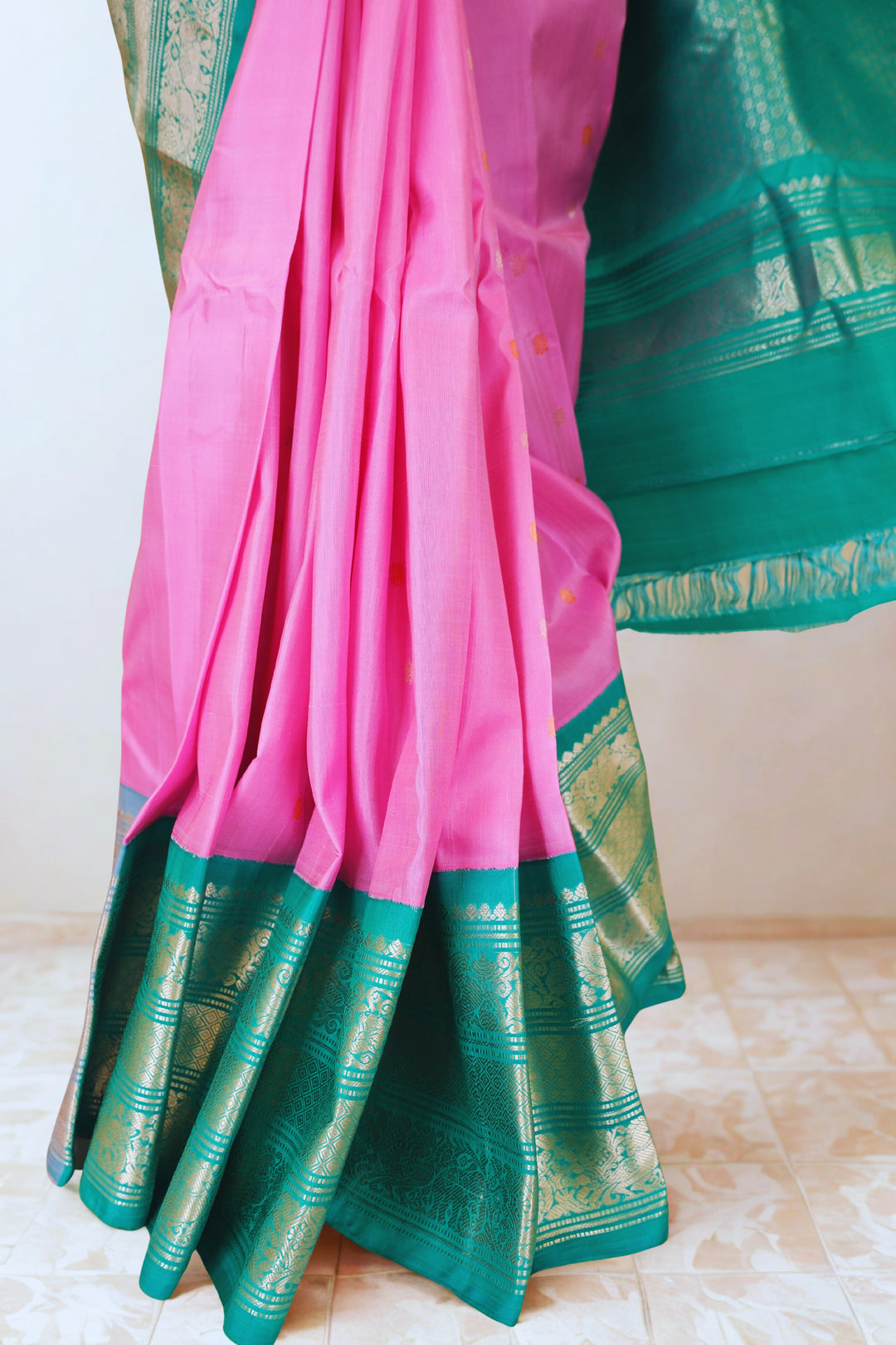 Baby pink silk gadwal saree